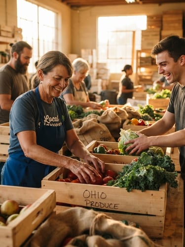 A warm editorial photograph of Ohio volunteers packing fresh local produce into crates in a sunlit community warehouse, natural golden-hour daylight, shallow depth of field, authentic candid moment.