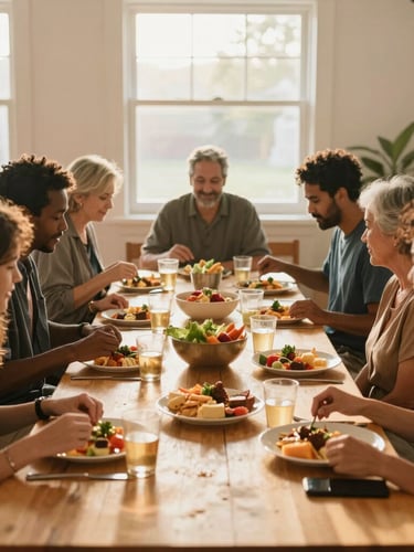 A warm editorial photograph of diverse neighbors sharing a meal around a long wooden table in a brightly lit community center, soft golden-hour sun streaming through windows, authentic candid moments.