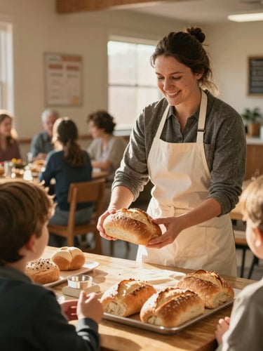 A smiling Ohio volunteer in a clean apron serving warm, fresh bread to a family in a brightly lit, cheerful community hall, golden-hour light.
