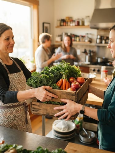 A warm, brightly lit indoor community kitchen in Ohio, hands gently passing a wooden crate filled with fresh green kale, bright orange carrots, and red apples, shallow depth of field, authentic candid moment