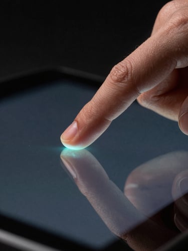 Extreme close-up of a single fingertip pressing a dark glass touchscreen, studio strobe light isolating the contact point, cyan refraction at the touch edge, black background