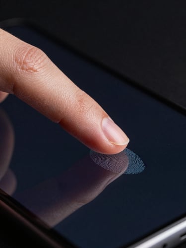 Extreme close-up of a single fingertip pressing a dark Android screen, mid-touch, studio strobe lighting isolating the contact point against a near-black background, fine fingerprint ridges visible, no lifestyle context