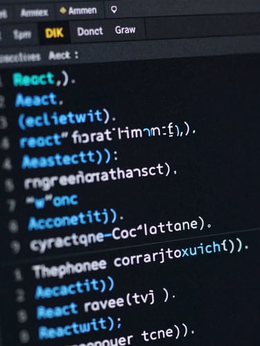 Extreme close-up of a high-contrast dark-mode IDE screen with clean, structured React code, glowing neon blue syntax highlighting, shallow depth of field, sharp focus, tech aesthetic.