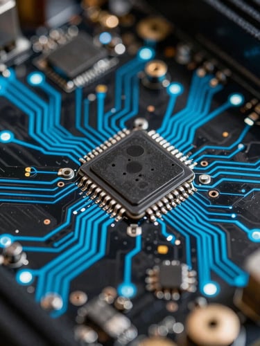 Extreme close-up macro shot of clean motherboard circuitry with glowing neon blue traces, dark obsidian background, sharp technical focus, high-end hardware engineering.