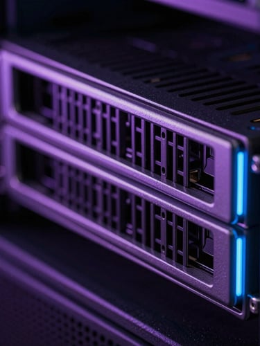 Extreme close-up macro shot of a sleek server rack with neon violet and electric blue edge lighting, deep obsidian background, high-fidelity technical aesthetic.