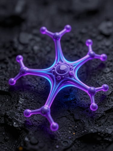 Macro shot of abstract 3D neural network nodes glowing with neon violet and electric blue edge lighting against a dark obsidian background.
