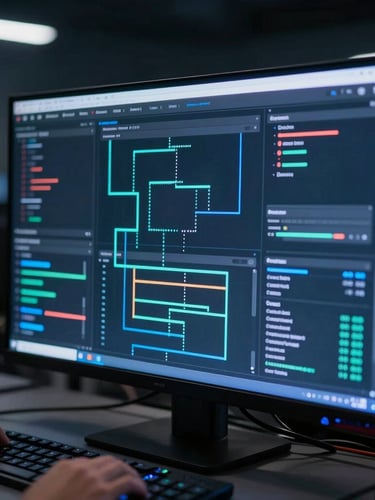 High-fidelity UI dashboard displaying real-time data flows and terminal interfaces, illuminated by sharp neon blue edge lighting in a dark command center environment.