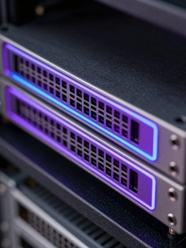 Macro shot of physical server blades with glowing violet and electric blue neon edge lighting, dark cybernetic server room, shallow depth of field.