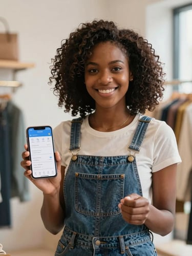 Crisp medium shot of a modern African female boutique owner in a brightly lit clothing shop, smiling and holding her smartphone displaying a clean dashboard, warm natural lighting, soft background focus