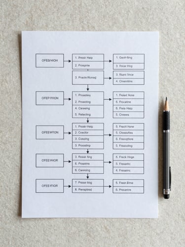 Overhead flat-lay of a structured process framework on paper — printed step-by-step worksheet with numbered sections, a mechanical pencil resting beside it, on a pale linen surface under cool diffused studio light