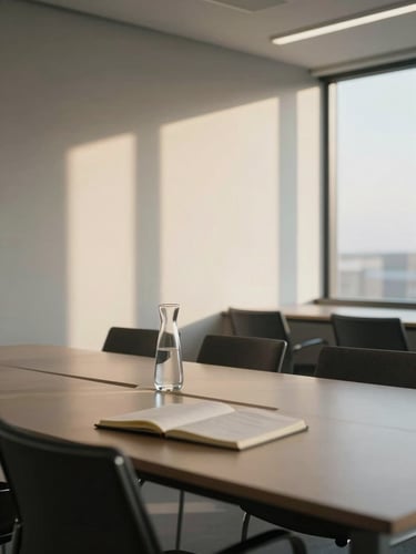 Wide environmental shot of a minimal meeting room: a long table with two open notebooks and a carafe of water, empty chairs visible, large window with diffused afternoon light casting soft geometry on the wall, architectural calm, no people