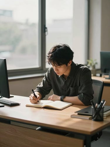 Wide environmental shot of a quiet desk workspace — a single person seated, head slightly bowed over an open notebook, pen in hand, controlled north-facing window light casting soft shadows on the desk surface, no clutter, methodical and focused atmosphere