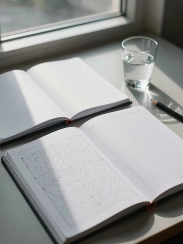 Wide editorial shot of a structured workspace: open notebooks, geometric ruled frameworks on paper, a glass of water and a pencil to the right side, cool north-facing daylight from a window off-frame, desk surface occupying most of the frame with negative space at top