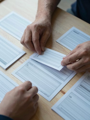 Close-up of hands arranging printed framework cards on a light wooden table, methodical overhead angle, cool diffused daylight, structured and deliberate arrangement suggesting systematic thinking