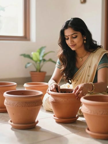 A warm, authentic portrait of Preeti arranging terracotta planters in a bright, sunlit Indian home, soft natural daylight, 35mm lens.