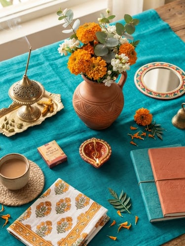 Overhead flat lay of modern Indian home decor, terracotta pottery, elegant brass incense holder, vibrant teal linen fabric, warm natural daylight, 35mm lens