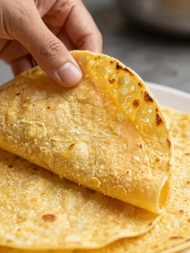 Close-up macro shot of a warm corn tortilla being folded gently by hand, showing a soft toasted texture with zero cracking, rich maize yellow tones, shallow depth of field.