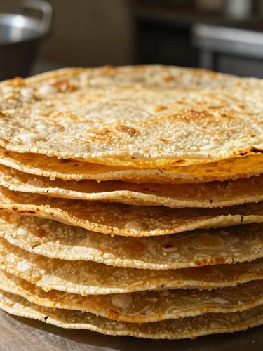 Close-up of golden nixtamalized corn tortillas stacked neatly in an industrial kitchen, warm side-lit daylight highlighting the textured edges and zero cracking.