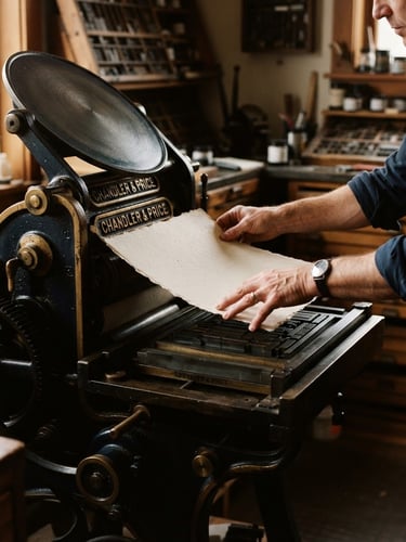 Portrait of a vintage printing press in operation, hands carefully feeding heavy archival paper, warm low-contrast side-lighting, rich textures, deep navy and antique gold tones, 35mm lens