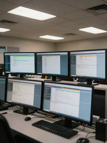 Wide shot of a dispatch workstation mid-shift, multiple monitors showing load boards and compliance dashboards under fluorescent light, no people visible, operational detail in focus
