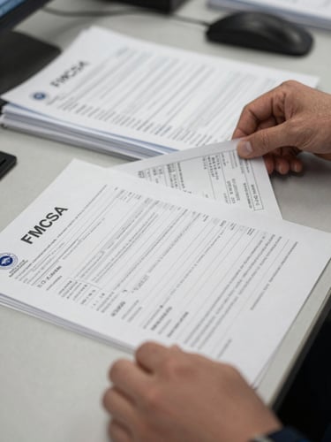 Close-up of hands on a desk sorting FMCSA regulatory forms and load tickets under cool fluorescent office light, stacked paperwork visible in sharp detail, tight documentary framing