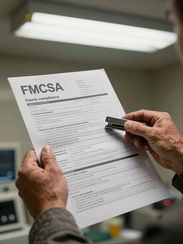 Close tight crop of weathered hands holding a stapled FMCSA compliance form, fluorescent dispatch-room light from above, regulatory text partially visible, worn work jacket sleeve at frame edge