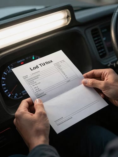 Close-up of hands holding a printed load ticket on a truck cab dashboard, fluorescent dispatch room light spilling from the left, load rate figures visible on the form, deep shadow framing the edges