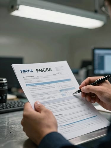 Close-up of hands holding an FMCSA compliance form on a metal desk, fluorescent dispatch-room light overhead, form corner and printed text in sharp focus, second hand reaching for a pen mid-frame