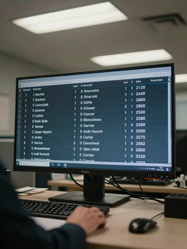 Wide shot of a dispatch screen mid-shift showing load board figures and carrier names under fluorescent office light, a hand resting on the desk in the foreground, no visible faces
