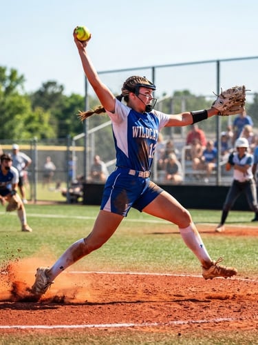Low-angle action shot of a fastpitch softball pitcher in a dynamic windup under bright afternoon sunlight, red dirt flying, high-contrast saturated tones.