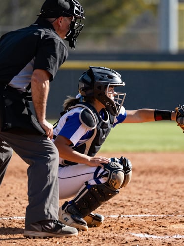 Dynamic close-up action shot of a young softball umpire behind the catcher, focusing intensely on the pitch, high-contrast afternoon sunlight, professional sports photography.