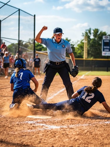 Low-angle action shot of a young fastpitch softball umpire in a blue shirt making a confident out call at home plate, dirt flying, bright afternoon sunlight, high-contrast saturated tones.