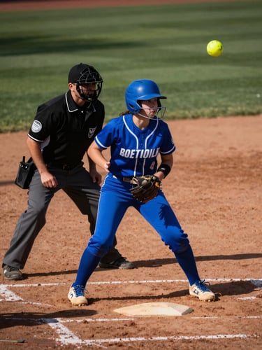 A youth softball umpire in a blue uniform making a confident strike call behind home plate, high-contrast afternoon sun, dramatic shadows