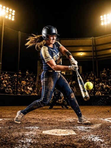 Low-angle dynamic action shot of a fastpitch softball player mid-swing under crisp stadium floodlights, dark atmospheric background, high-contrast saturated gold tones