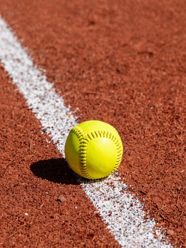 A close-up high-contrast shot of a yellow fastpitch softball resting on the chalked white line of the batter's box, red dirt texture, bright afternoon sun.