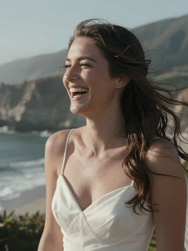 Cinematic medium shot of a bride with wind-blown hair laughing candidly, desaturated cool tones, high-contrast natural light, coastal cliffs of Big Sur blurred in the background.