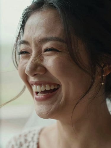 Intimate close-up of a bride laughing, wind-blown hair across her face, grain texture, natural window light, candid documentary style.