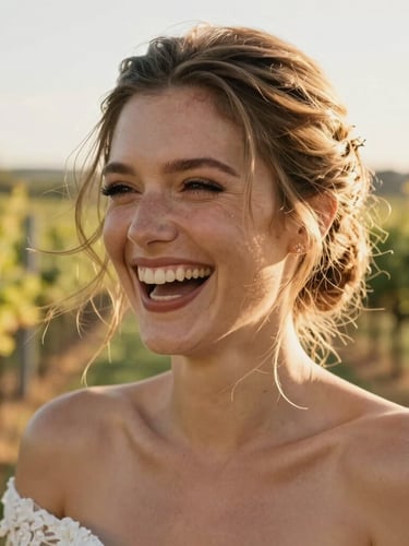 Intimate close-up portrait of a bride laughing with wind-blown hair, warm golden sunlight catching her face, high-contrast natural lighting, soft-focus vineyard lines in the background
