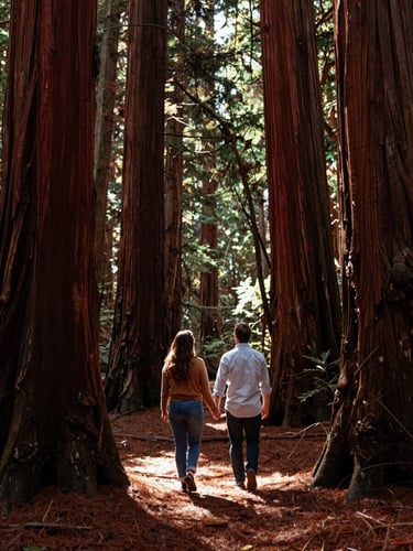 A couple walking hand-in-hand through deep redwood shadows in a Northern California forest, soft shafts of light filtering through trees