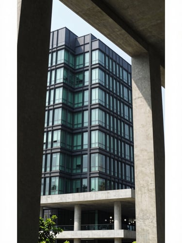 Sharp architectural lines of a modern corporate headquarters in Dhaka, concrete columns framing bright natural daylight, high-contrast structural editorial photography, 35mm