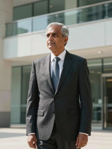 A high-contrast professional portrait of a senior South Asian executive in a dark tailored suit, looking off-camera, bright natural daylight, clean architectural lines of a modern office lobby in the background, 35mm