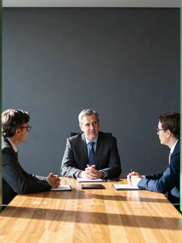 Candid leadership discussion around a wooden boardroom table, natural daylight, high contrast, architectural framing