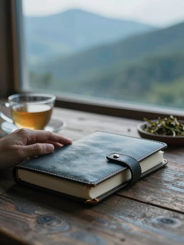 Close-up of hands holding a leather-bound journal on a rustic wooden table, soft morning light filtering through a window, a warm cup of herbal tea nearby, shallow depth of field.