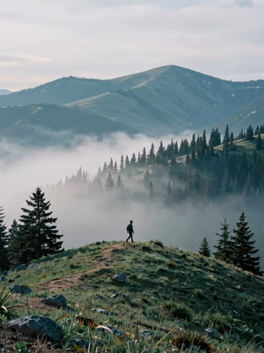 Wide environmental landscape of the San Juan Mountains in Colorado with a single figure walking along a ridge, mist-shrouded pine forests, cool overcast daylight, 35mm photography.