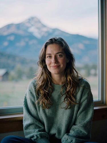 Authentic portrait of Sara Eden, a woman with a warm and genuine expression, sitting in her Colorado home, soft morning mountain light filtering through a window, cool mountain blues and sage greens, 35mm photography.