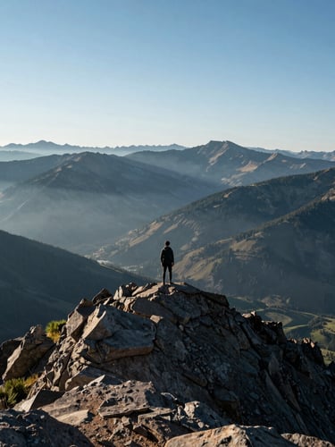 Cool editorial photography of a single figure standing on a rugged Colorado mountain peak at sunrise, soft morning light, deep blue and sage mist-shrouded valley below, 35mm.