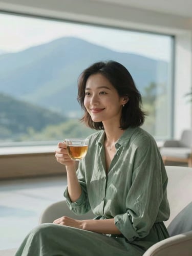 Cool editorial portrait of a woman with a warm, genuine expression, sitting in a bright, modern sanctuary-like room with a cup of tea, soft morning light, 35mm.