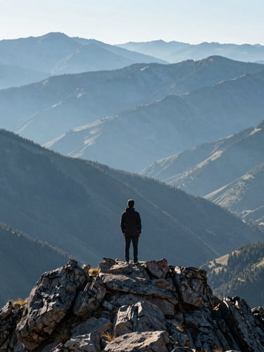 A lone figure standing on a rocky ridge in Montrose Colorado, looking out over misty blue mountain peaks, cool morning light, 35mm