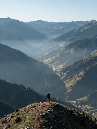 An expansive Colorado mountain landscape with a single figure standing on a ridge looking out over a misty valley, cool morning light, 35mm.