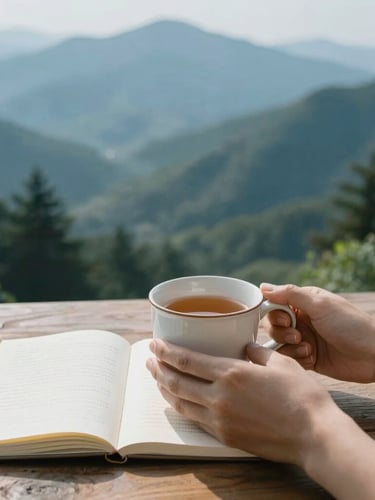 Hands holding a ceramic mug of warm tea over an open journal on a wooden table, soft morning light filtering through forest trees, 35mm